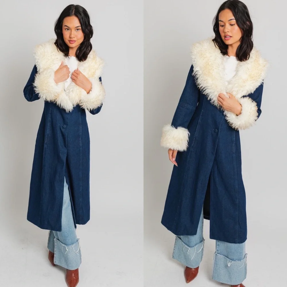 *LAST 1* Don’t Look Back Faux Fur Trim Pennylane Denim Coat - Picture 3 of 6